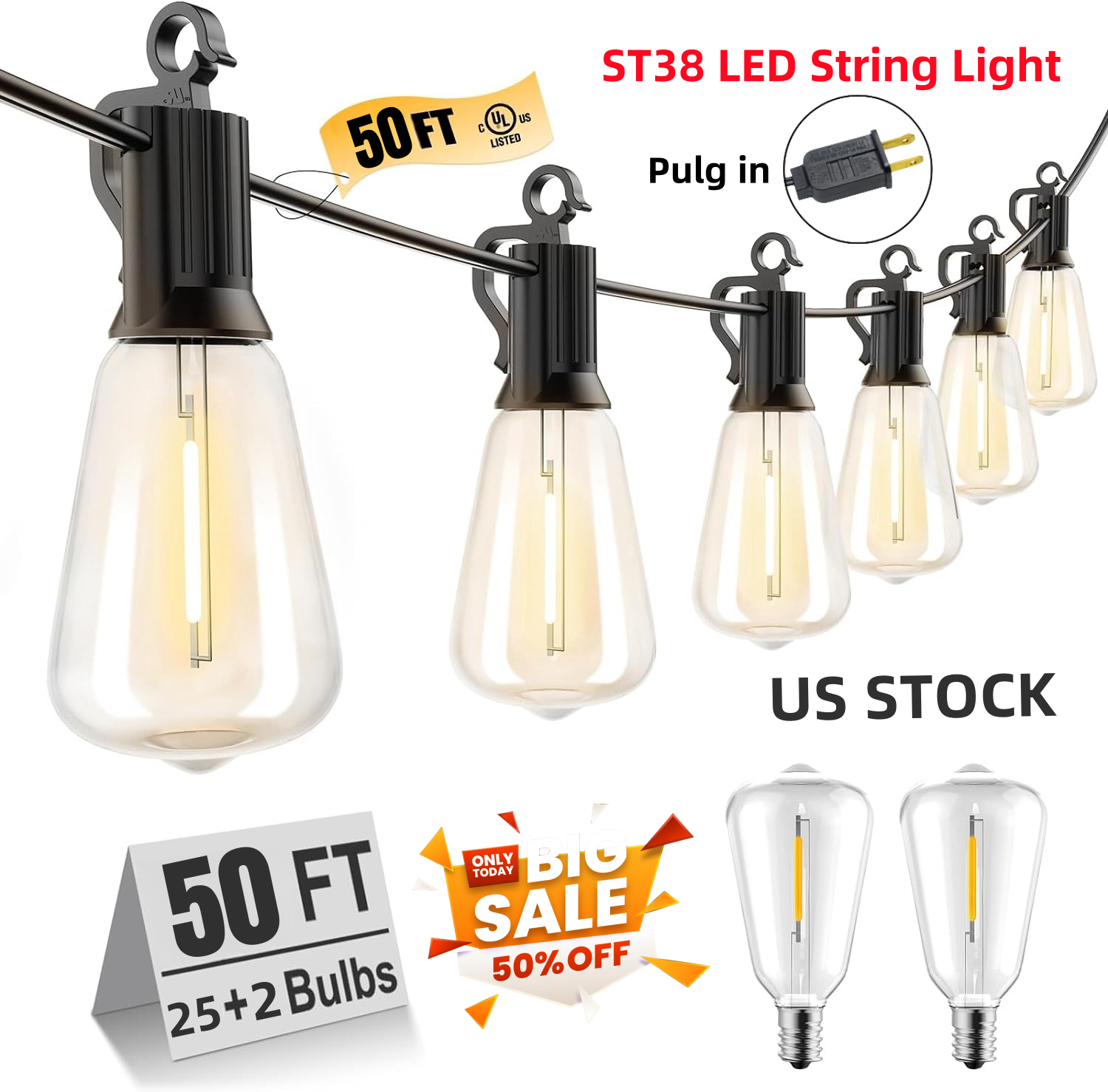 LED Outdoor String Lights 50FT Shatterproof ST38 Patio Lights for Porch,Backyard