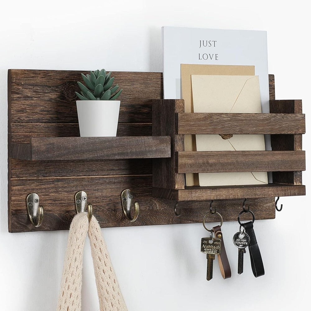 Rustic Wall-Mounted Mail Organizer & Key Holder with 7 Hooks – Easy Install