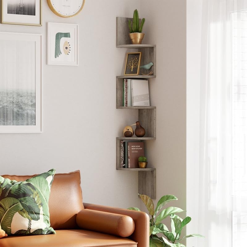 Wall-Mounted 5-Tier Corner Bookshelf – Chic Storage Solution in Heather Greige