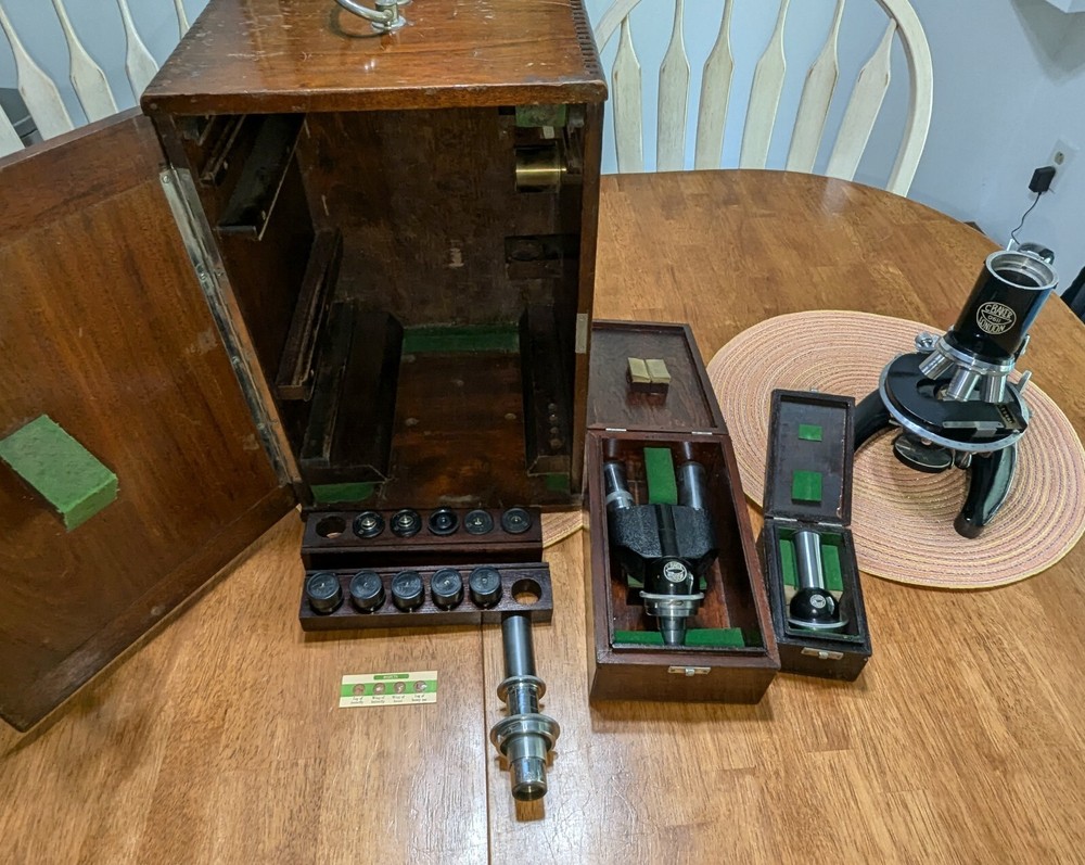 Antique C BAKER London Precision Microscope Complete Set Binocular NICE Loaded