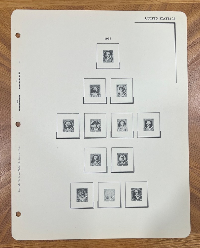 VINTAGE SARGENT LOOSE LEAF STAMP ALBUM PAGES #102 US COMMEMORATIVES, 1928-34