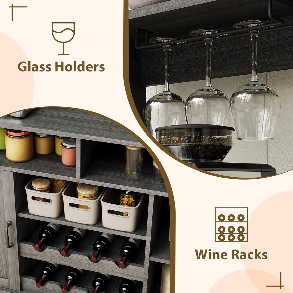 47'' Buffet Sideboard - Power Outlets,Storage,Wine Racks, Goblet Holder, Hooks