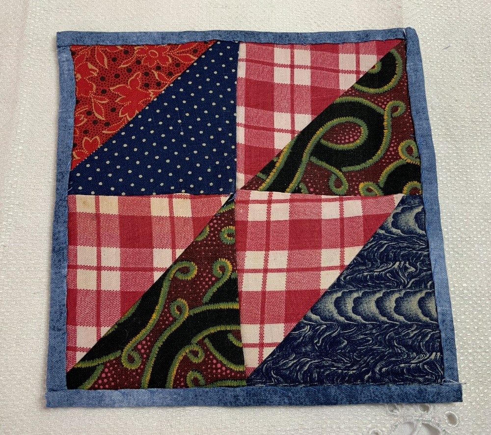 Antique Vintage Patchwork Small Doll Quilt Or Table Topper, 4 Patch W/ Triangles