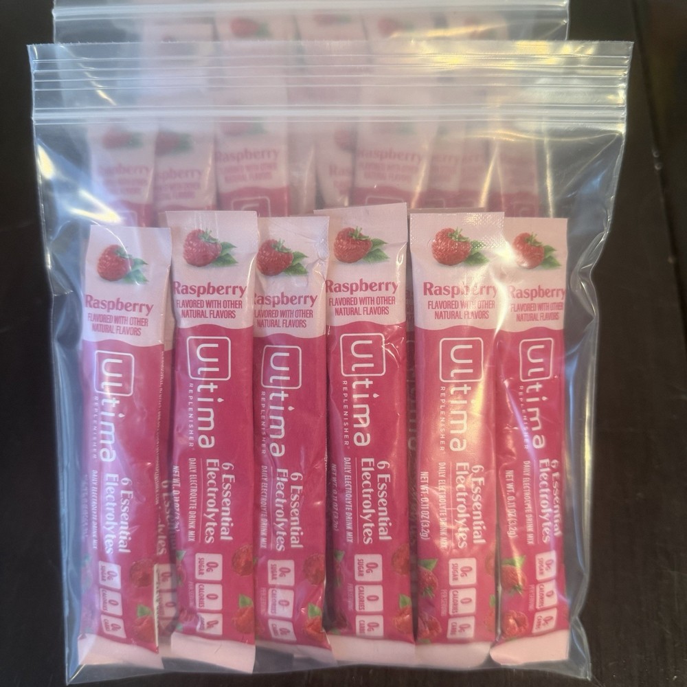 100 Count Ultima Replenisher, Electrolyte Hydration Drink Mix Sticks- Raspberry
