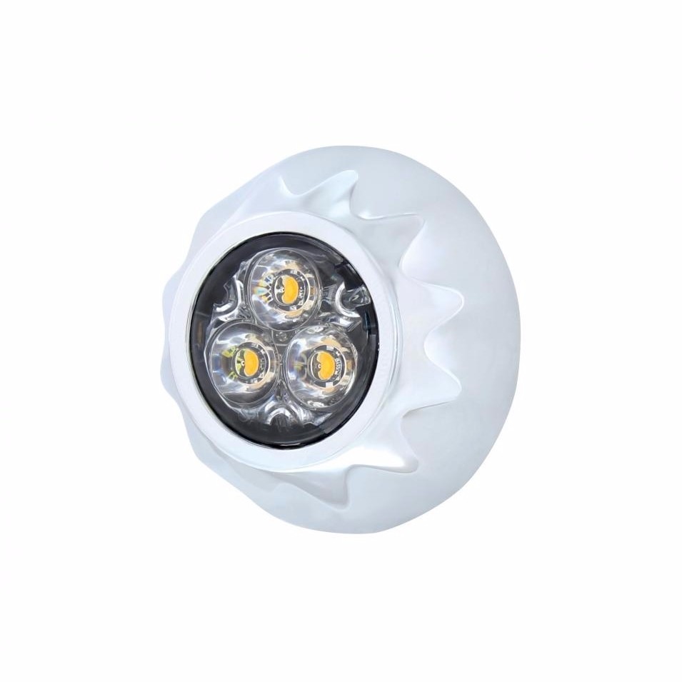 3 Amber LED Mini Warning Light w/ Chrome Bezel - 12 Flash Pattern - Clear Lens