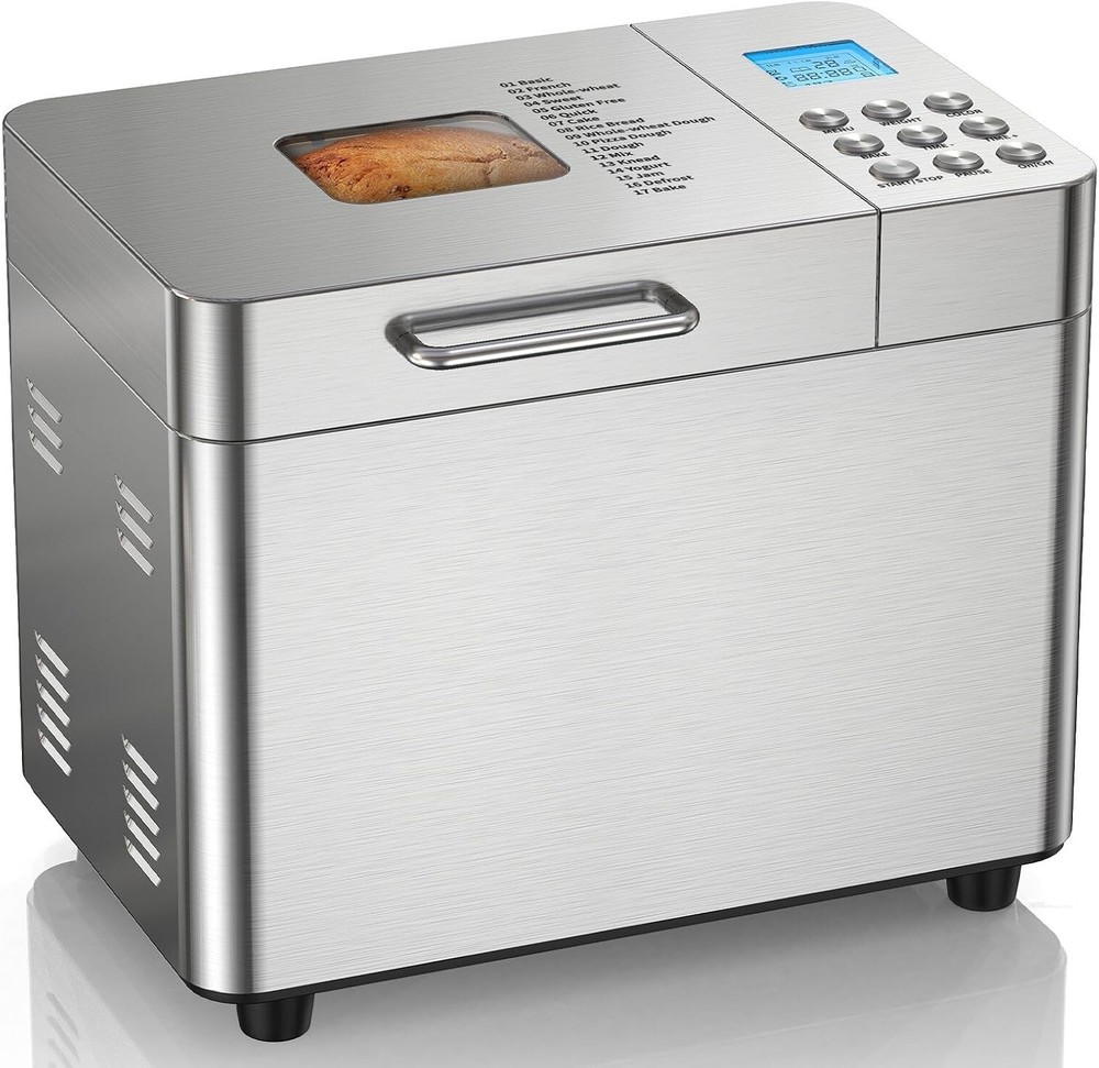 Stainless Steel 2LB Bread Machine with Custom Programs & 15-Hour Delay Timer
