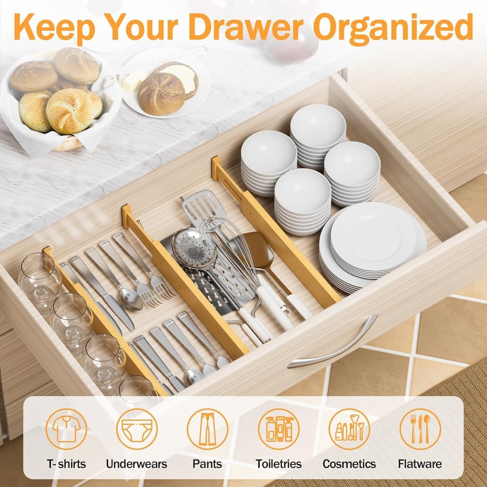 Expandable Bamboo Drawer Separators, Adjustable for Clothes & Utensils - 4 Pack