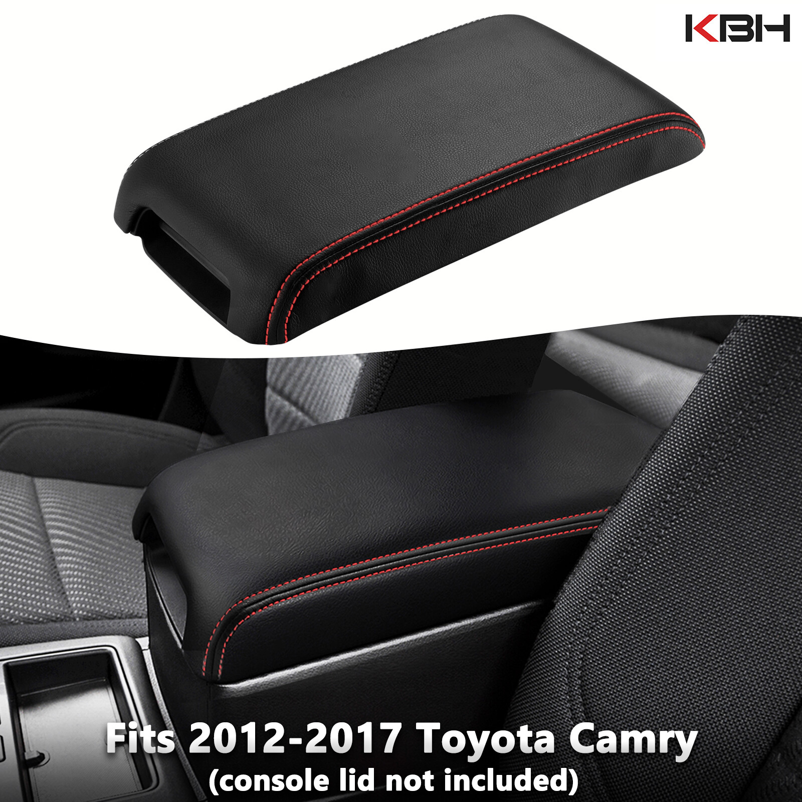 Fits 2012-2017 Toyota Camry Black Leather Console Lid Armrest Cover Red Stitch