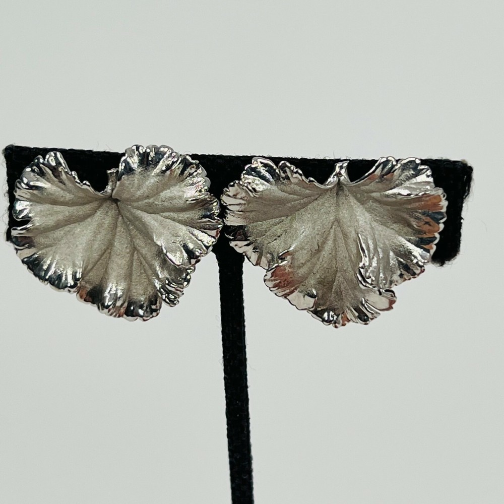 Vintage Silver Dipped Leaf Earrings Textured Matte Shiny Screw Back