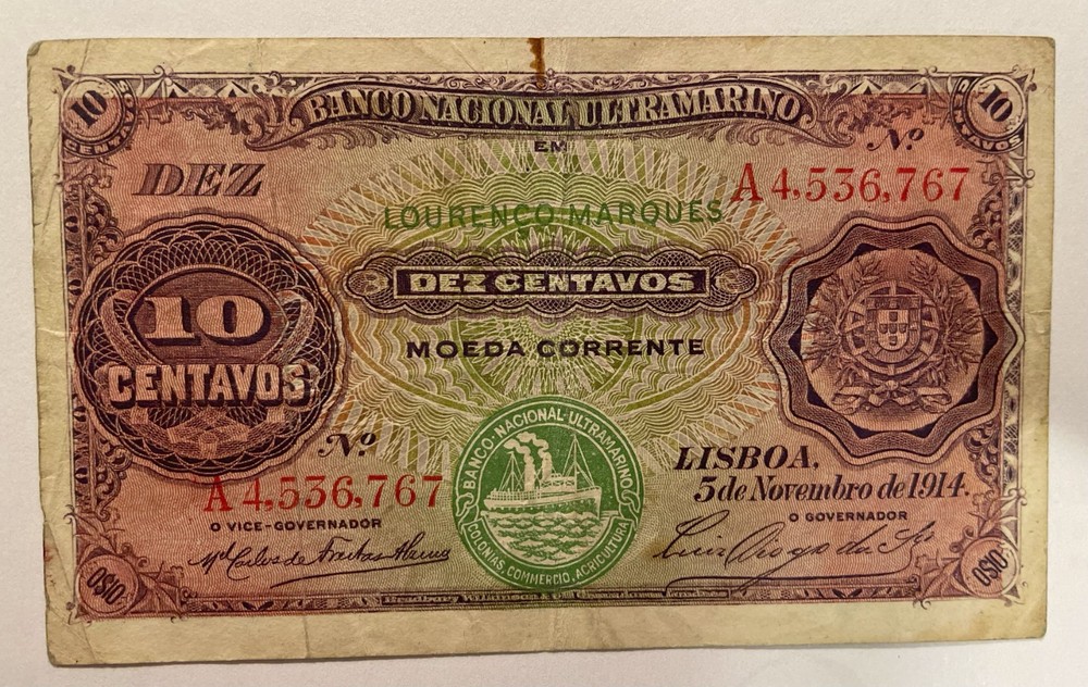 Mozambique 10 Centavos 1914 banknote.
