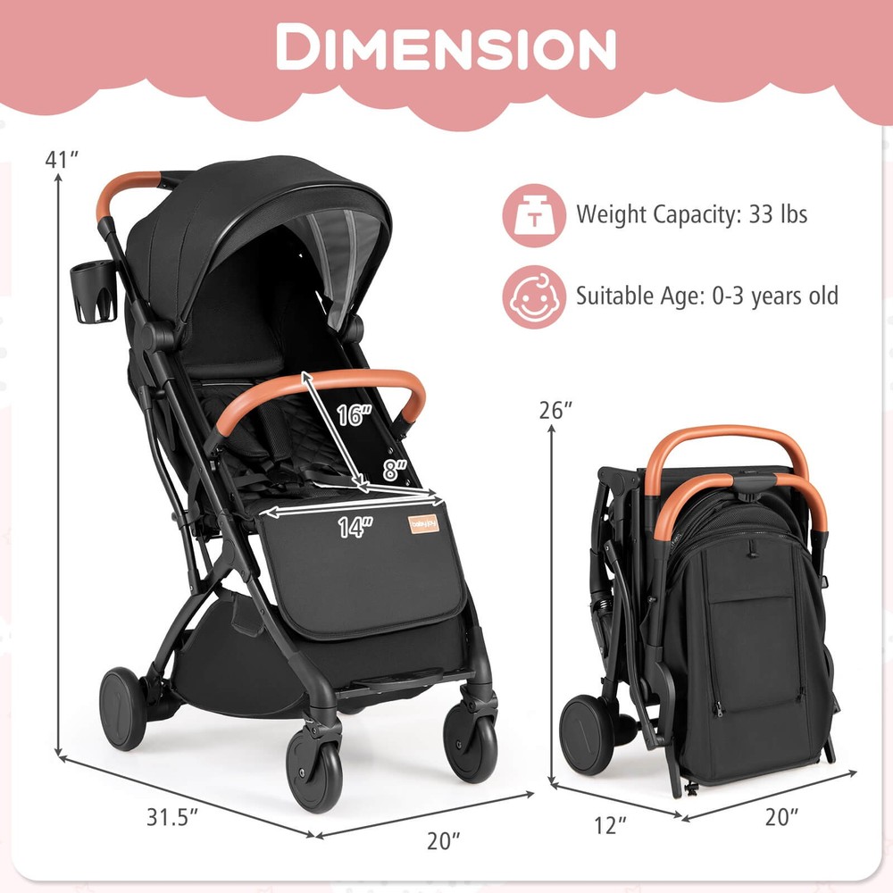 Lightweight Baby Stroller w/One-Hand Folding, Extendable Canopy, Storage Baske