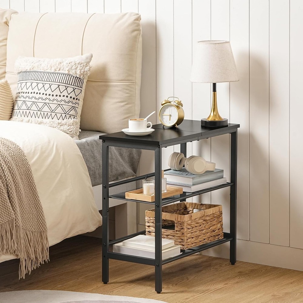 Black Side Table 3-Tier Metal Side Table Small Black Table W/ 2 Flat/Slant