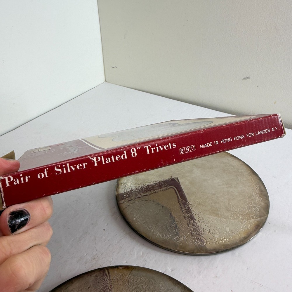 Vintage Regal Silver Plated 8" Round Trivets Set of 2 w/ Original Box Hong Kong