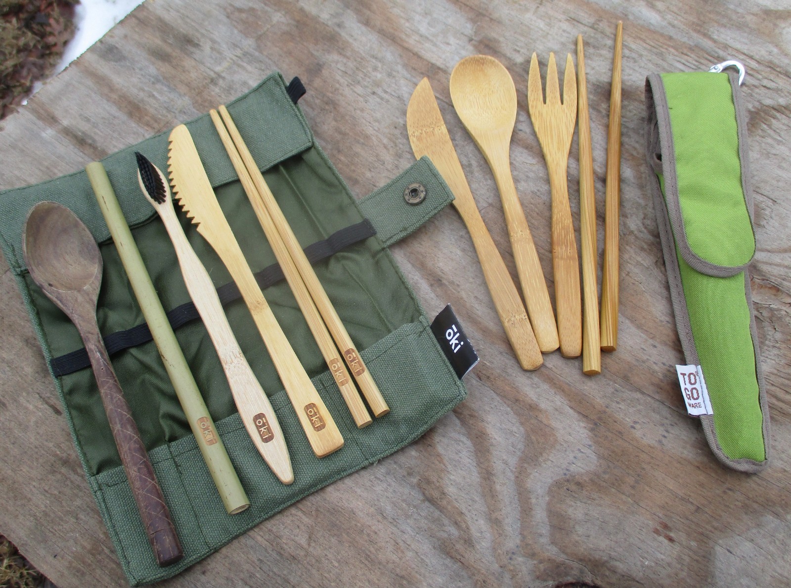 OKI & TO GO WARE BAMBOO WOODEN CAMP TRAVEL UTENSILS FORK KNIFE CHOP STICKS SPOON