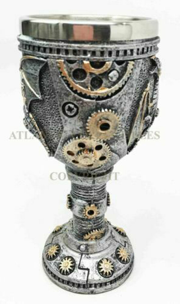 Silvered Steampunk Dragon and Gears Goblet w/Stainless Steel Liner