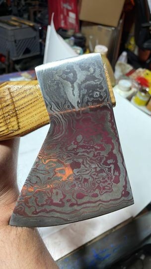 Custom Connie Bay pattern damascus throwing hatchet with sheath!