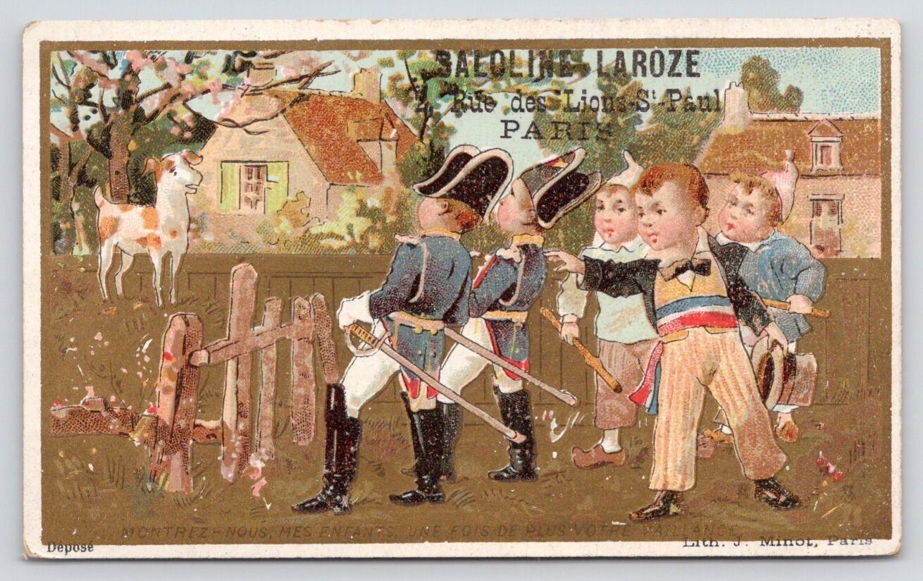 J.P. Laroze Paris FRENCH Victorian Trade Card Children See Dog in Fenced Field