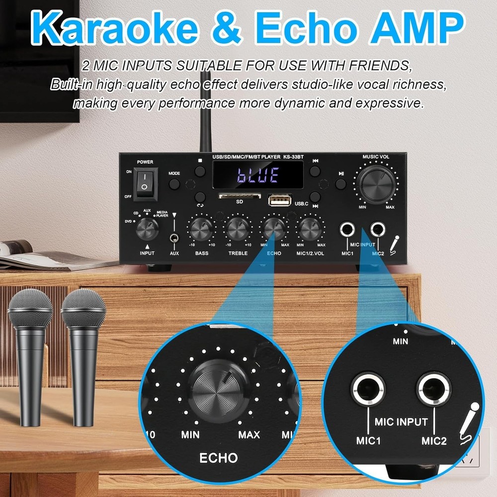 Compact 500W Audio Amplifier with Bluetooth