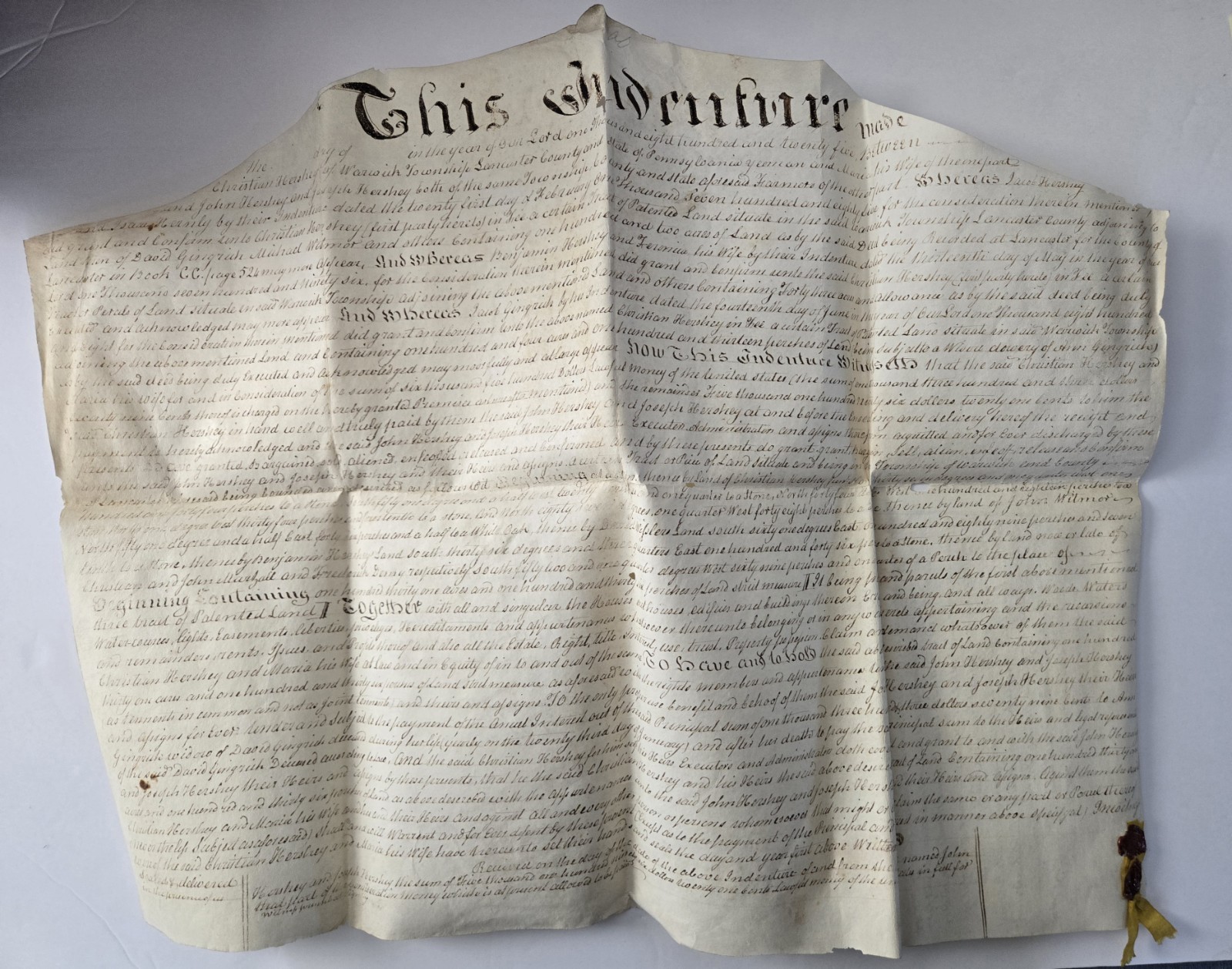 1825 Lancaster Cty PA Deed Christian Hershey/ John Hershey GENEALOGY 131 Acres