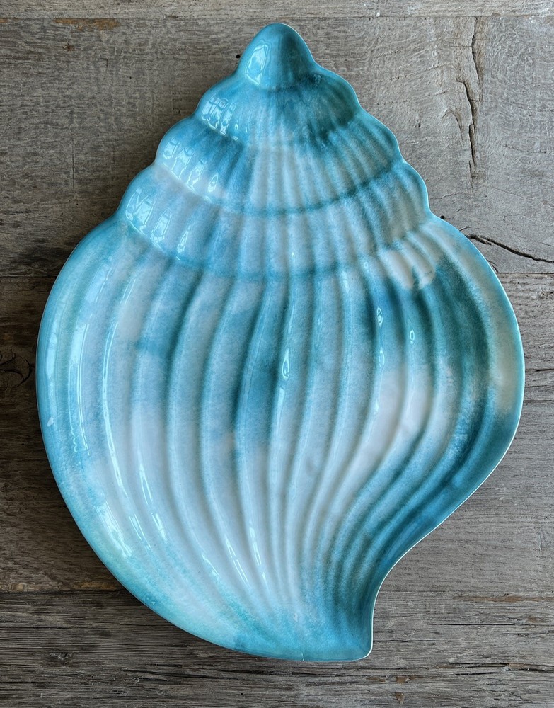 Coastal Seashell shaped Serving Platter Teal White Melamine NWT