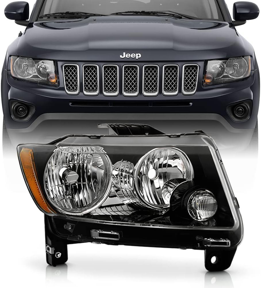 - for [Black Bezel W/Halogen Type] 2013-2017 Jeep Compass Headlight Headlamp Rep