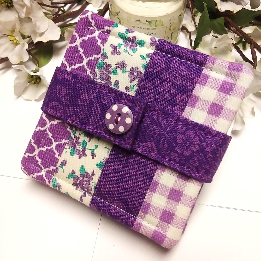 PURPLE PASSION 5pc Handmade Reversible Patchwork Coasters w/Holder & Button