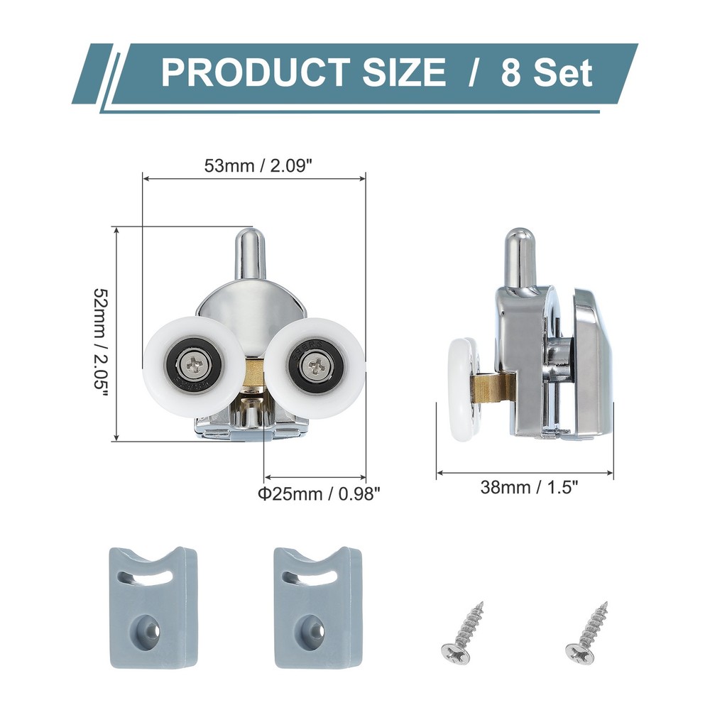 8Pcs 25mm Double Shower Door Rollers Copper Bottom Wheels Pulleys Guide Silver
