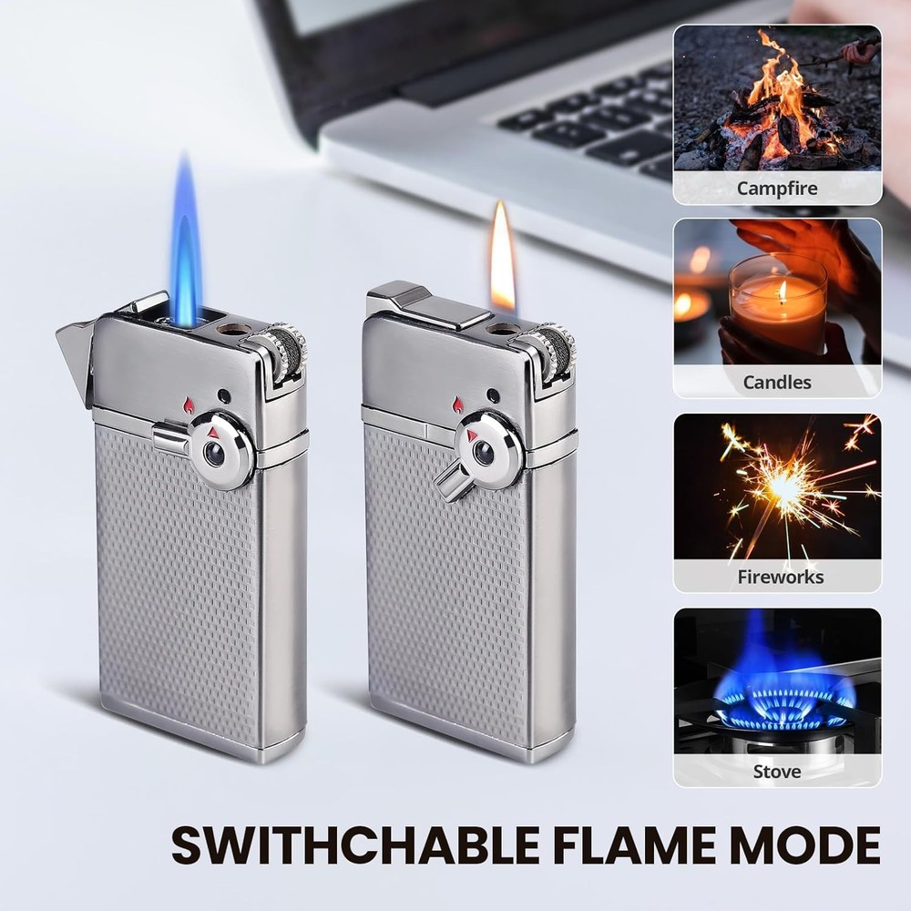 Butane Fuel Refillable, Soft/Jet Flame Switchable Cigarette Lighter with Flame A