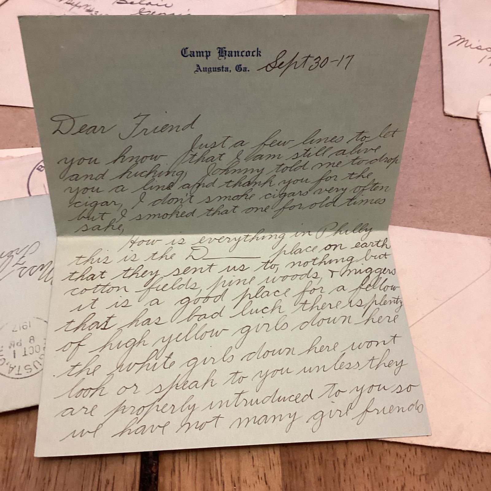 50 WW1 letters to Philadelphia from Camp Hancock,Ga,Lt Armitage Corp Beck.PA Uni