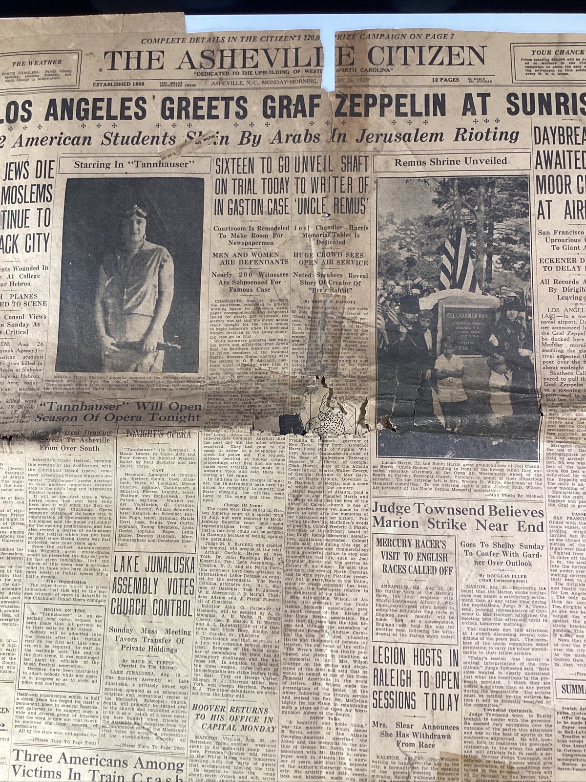 Ashville NC Newspaper Aug 26, 1929 Opera Zeppelin Israel Uncle Remus Great Ads!