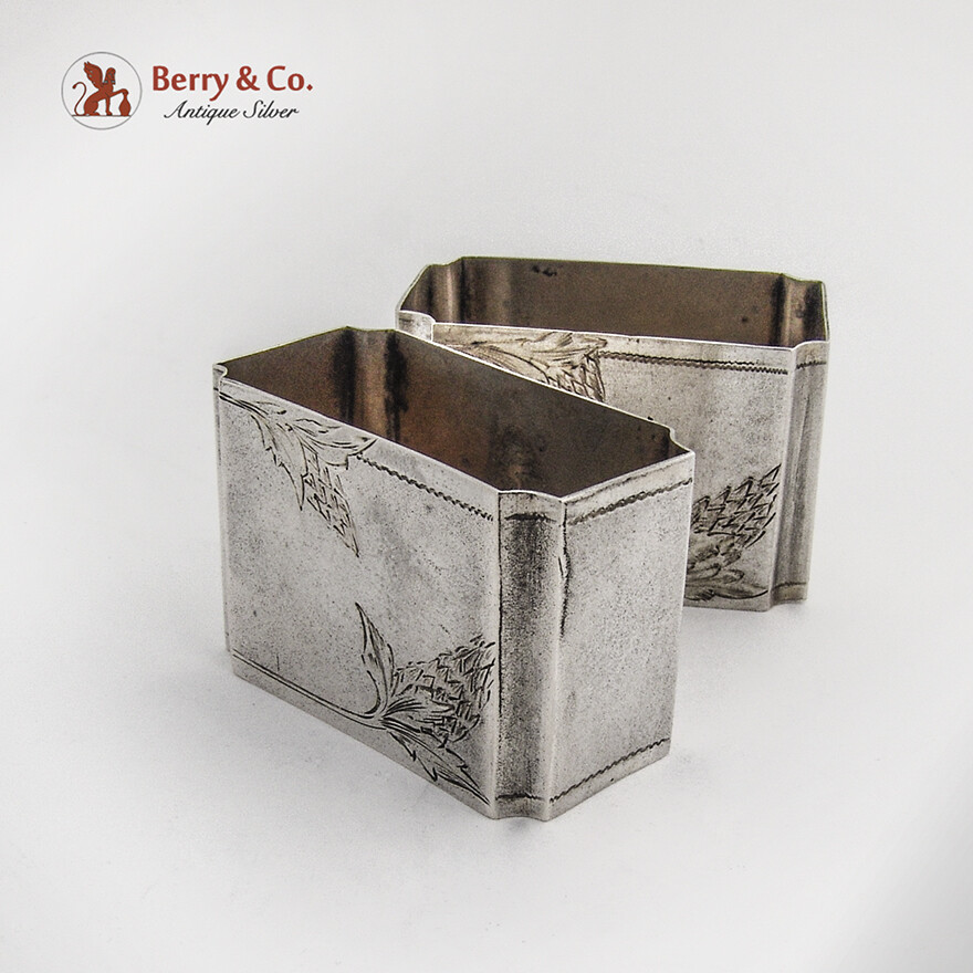 Russian Engraved Rectangle Napkin Rings Pair Matte 84 Standard Silver