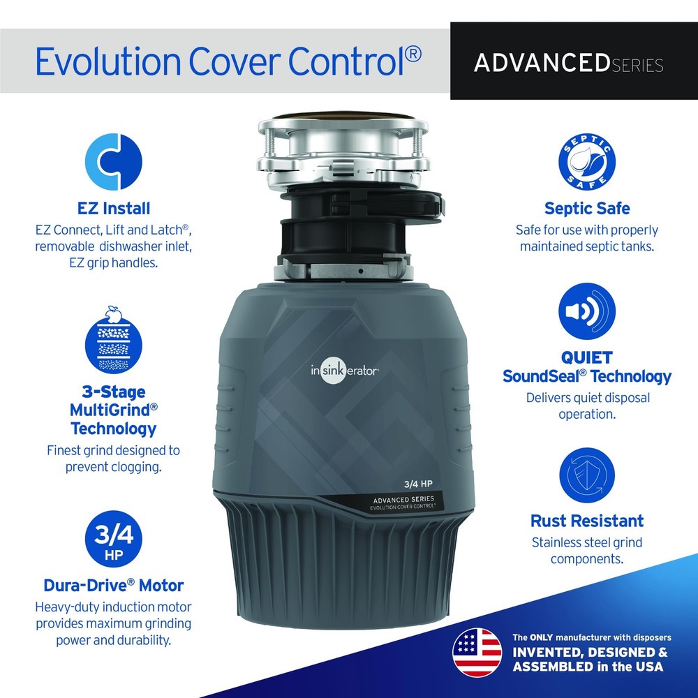 InSinkErator Evolution Cover Control 3/4 HP Garbage Disposal, Advanced Series EZ