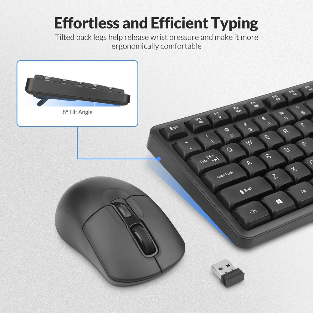 Wireless Keyboard and Mouse, 2.4G Full-Sized Quiet Ergonomic Keyboard, Quiet Typ