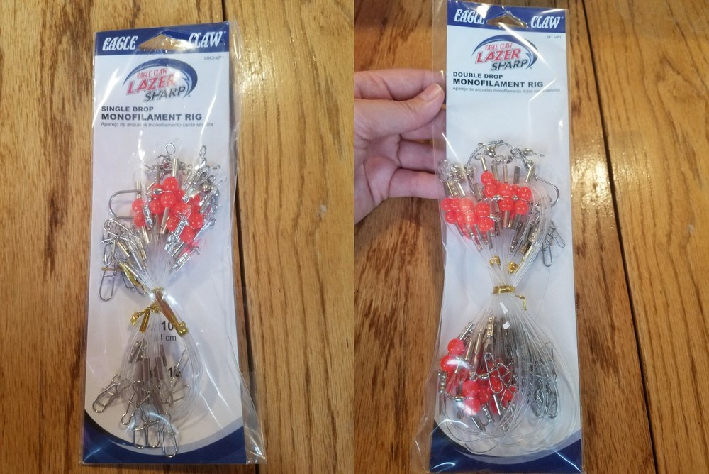 MONOFILAMENT RIG - Single 10" or Double 19" Drop - EAGLE CLAW Lazer Sharp NEW!