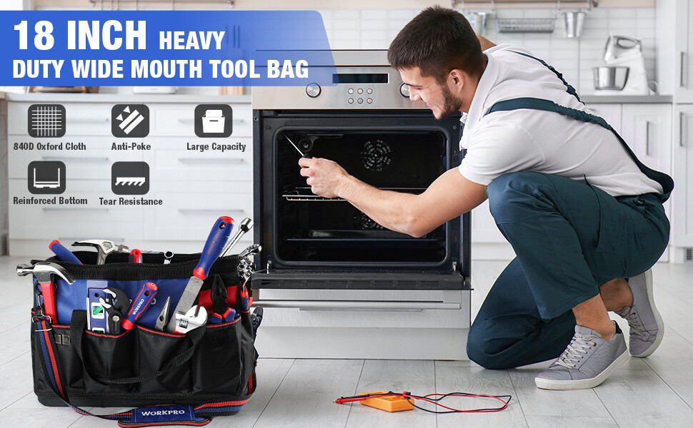 WORKPRO 18"Tool Bag Tool Tote Waterproof with Base and Adjustable Shoulder Strap