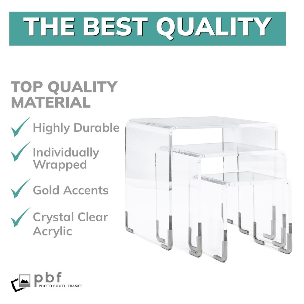 pbf PHOTO BOOTH FRAMES Acrylic Riser Display Stands - 3 Pieces- Clear- Silver