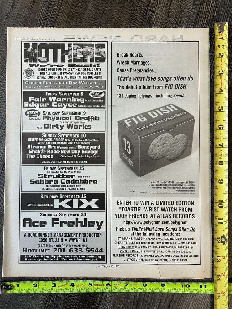 KISS Concert Ad Advert ACE FREHLEY Sept 30 1995 Mother's Wayne NJ Vintage Kiss A