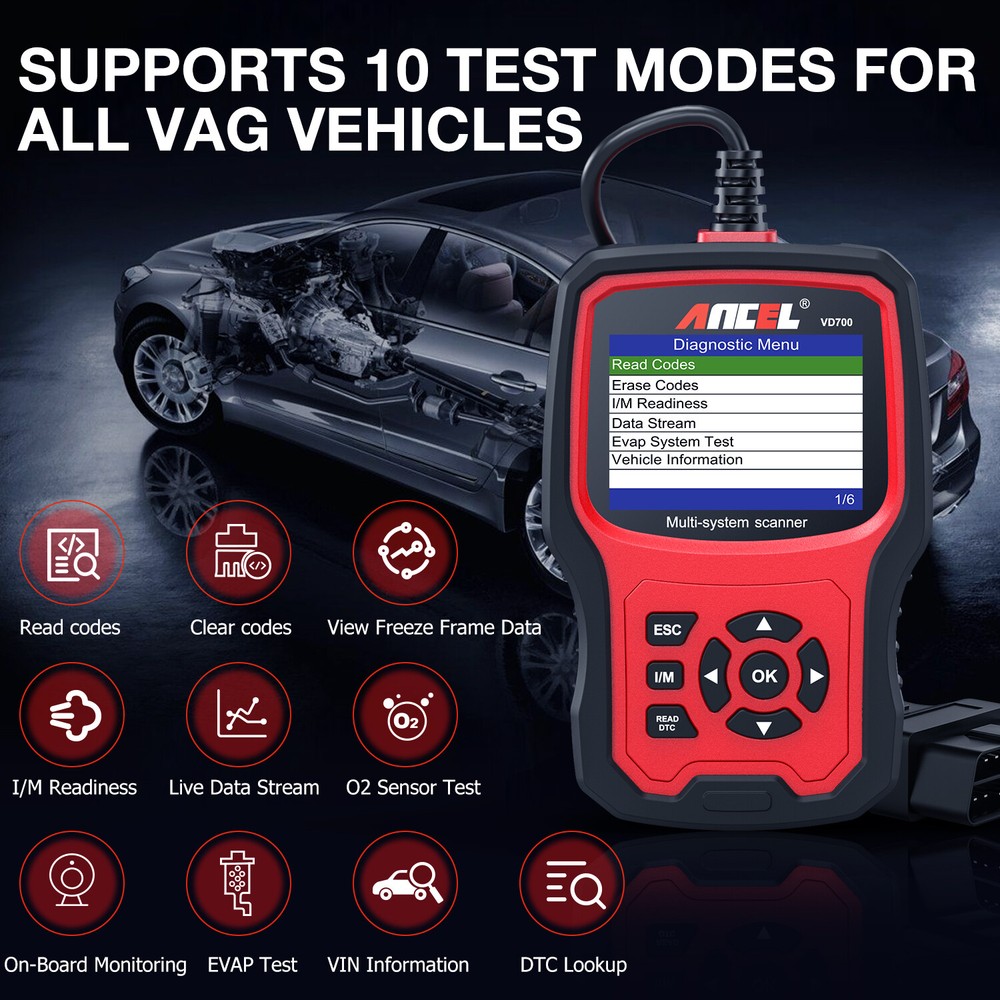 Ancel VD700 All System Diagnostic ABS SRS DPF Oil Car OBD2 Scanner Code Reader