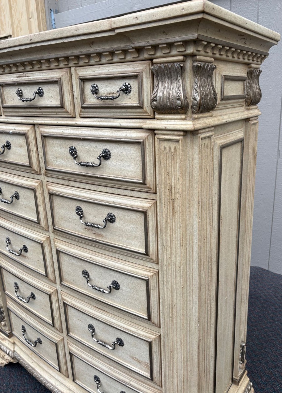 67503 Marge Carson Neoclassical High Chest in Distressed Cream Finish