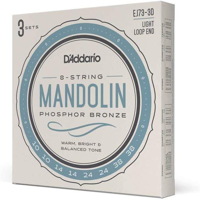 D'Addario EJ73-3D Mandolin Strings, Phosphor Bronze, Light, 10-38, 3 Sets