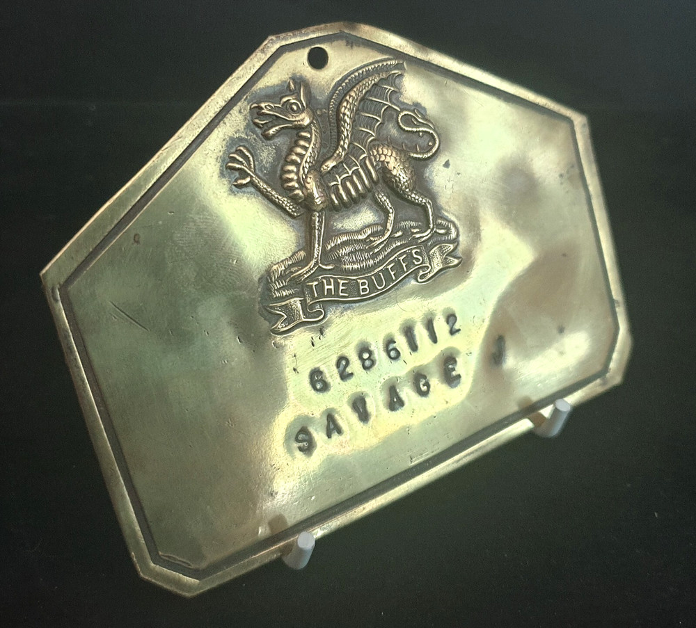 WW2 British Barracks Locker Plate to J.Savage The Buffs (Royal East Kent) Regt