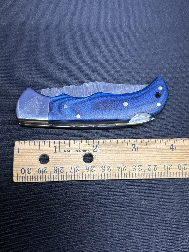 Custom J Wolfe Damascus Folder - Blue Handle Beauty