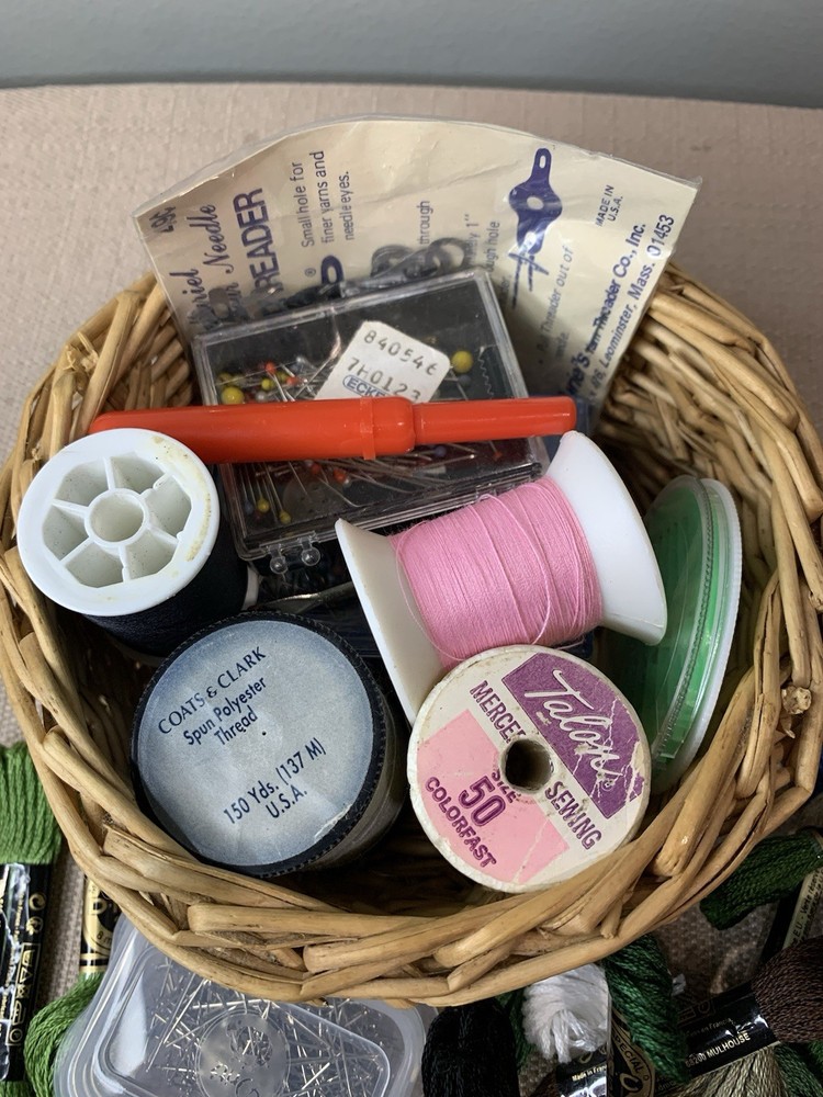 Small Wicker Basket Full If Sewing Supplies