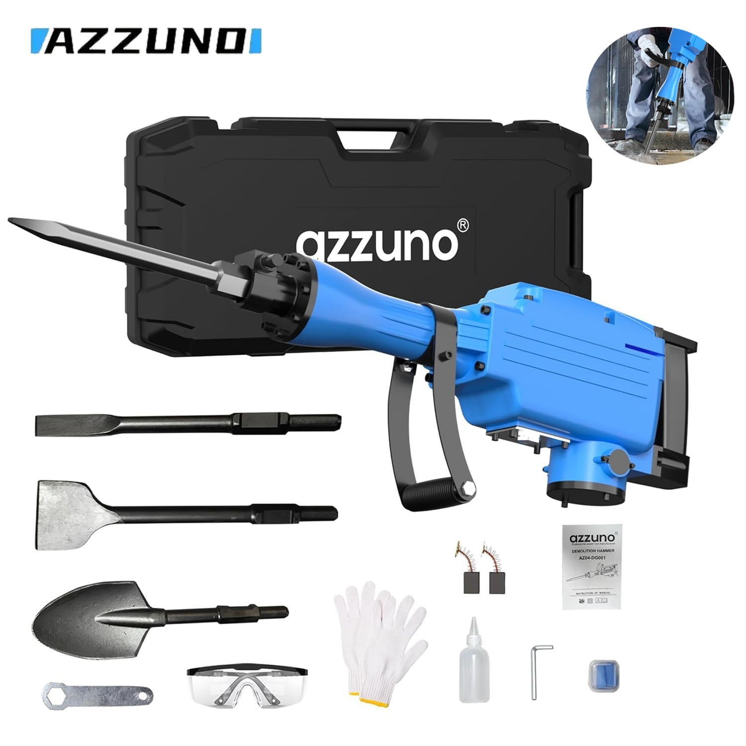 2200W Demolition Jack Hammer Electric Concrete Breaker with 4 Chisel Bits & Case