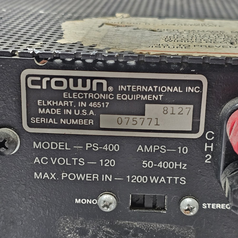 Crown PS-400 Professional Stereo Power Amplifier 2 Channel POWERS ON UNTESTED