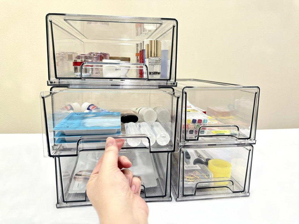 Stackable storage drawers, clear pull-out organizer with handles and non-slip...