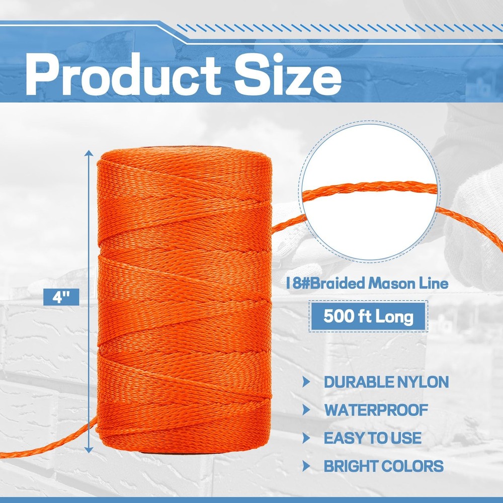 4 Roll Mason String Line #18, 500 ft Nylon Braided Construction String Line, ...