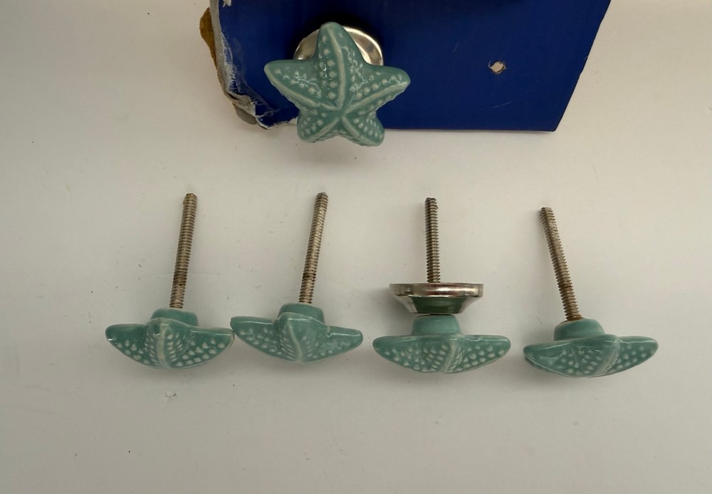 Lot of 5 blue ceramic STARFISH knobs cabinet drawer pulls
