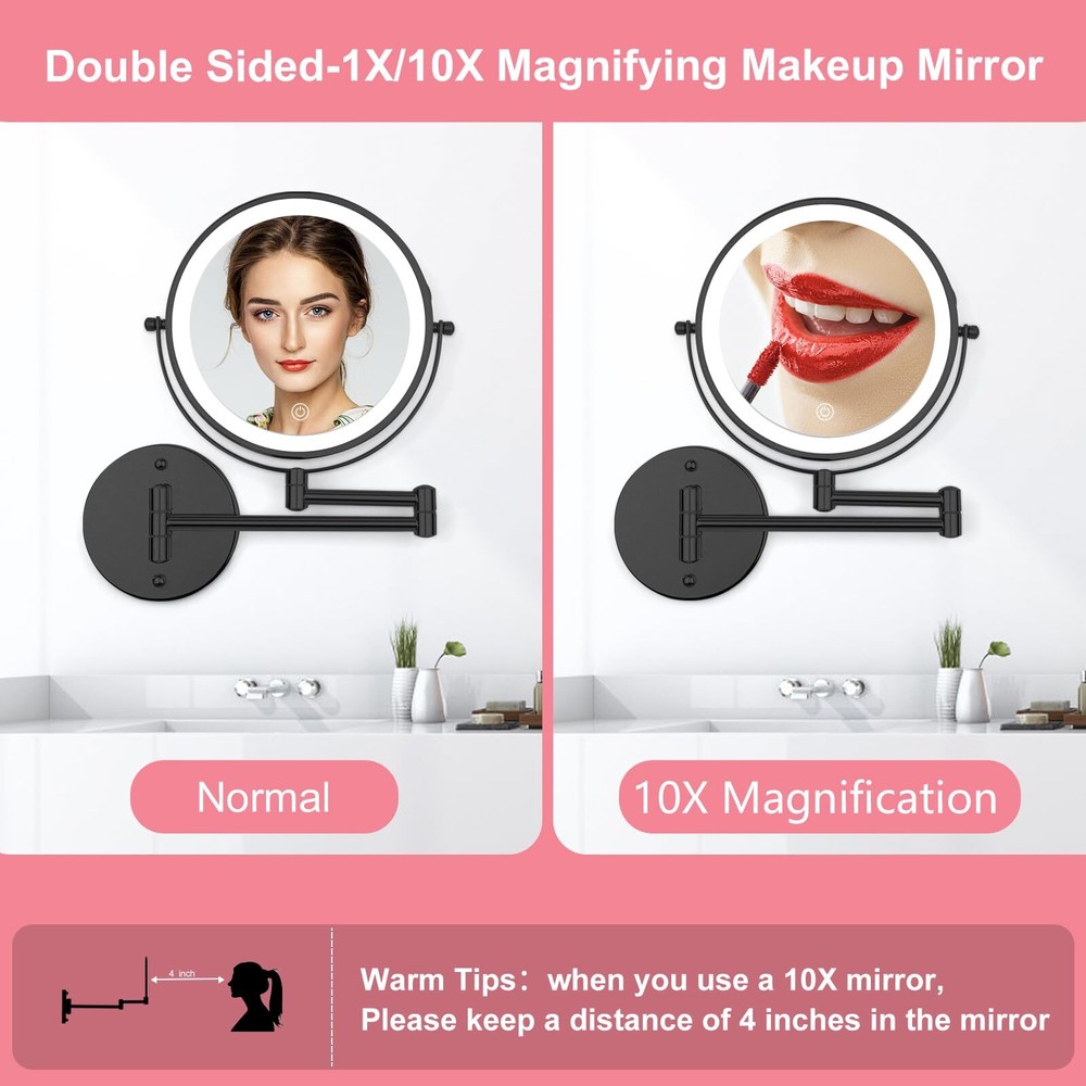 Rechargeable Wall Mounted Lighted Makeup Mirror 8" Double-Sided Magnifying Va...