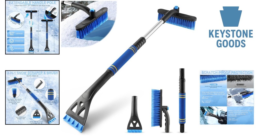 Extendable 32" Snow Brush & Ice Scraper for Car Windshields